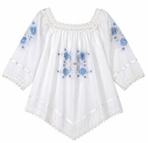Vintage Made in Greece Blue Floral Embroidered Peasant Blouse XL 
Cottagecore